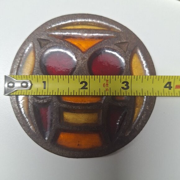 Owl Stained Glass Coaster Metal Vintage Orange Red 3.5 Inches - Picture 5 of 8